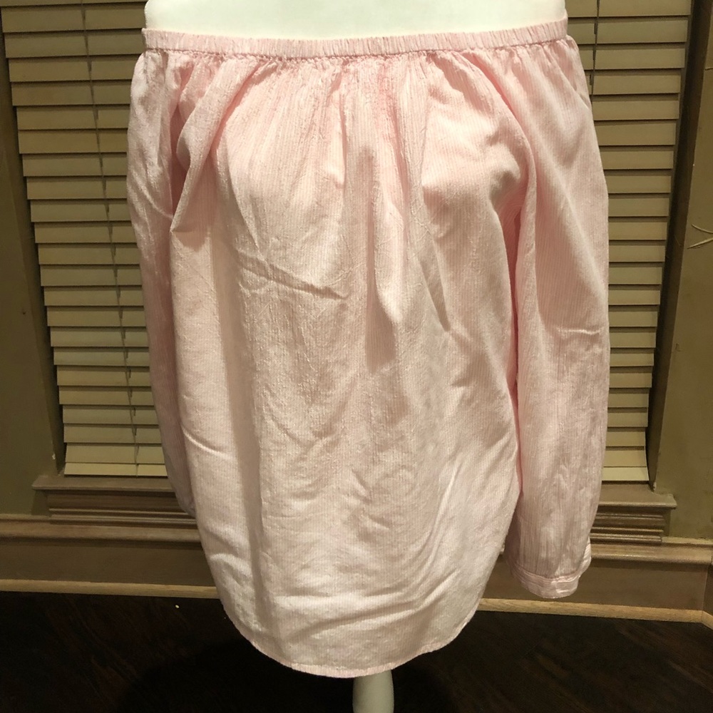Crown & Ivy pink striped off the shoulder blouse
